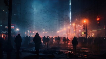 The smoky haze of a busy intersection, where the city lights and blurred figures create a captivating and chaotic scene. - obrazy, fototapety, plakaty