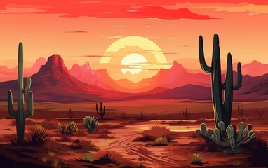 vector illustration Desert landscape abstract art background. West Texas mountains and very beautiful cacti

