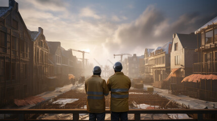 Two construction workers in safety gear overseeing development at a residential construction site.