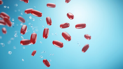Red gel capsules suspended in water with bubbles, representing medicine or supplements.