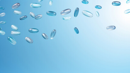 Clear blue gel capsules floating in the air with a tranquil blue background, conceptual health image.