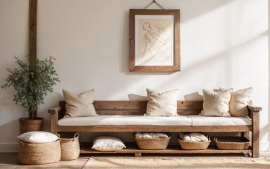 Barn wood bench adorned with linen pillows against a wall with an poster frame, showcasing the farmhouse and boho interior design of a modern entrance hall.