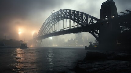 Obraz premium The fogcovered Sydney Harbour Bridge casts an otherworldly aura over the famous skyline.