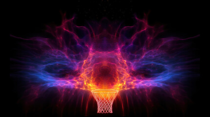 Fototapeta premium A digital art representation of a basketball hoop enveloped by dynamic fiery and electric waves.