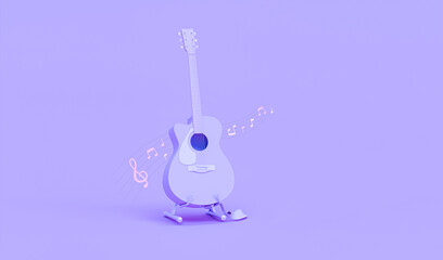 Concert stage with guitar, microphone and speakers on purple blue background in yellow colors. Minimalism concept. Music application Concept.3D render.	
