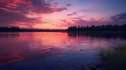 A tranquil sunset over a calm lake, with stunning pink and purple hues reflecting on the water.