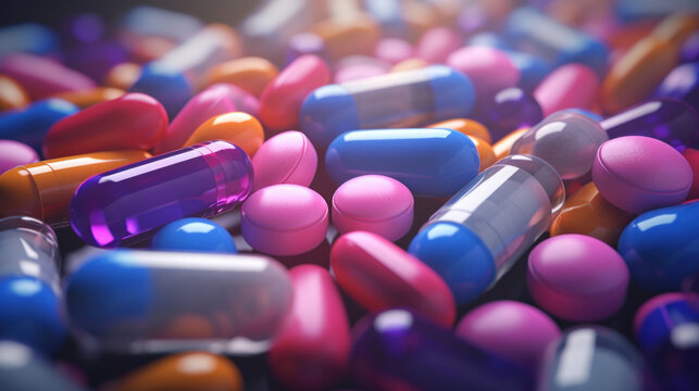 Close-up of multi-colored medication pills and capsules with a dramatic lighting and dark background.