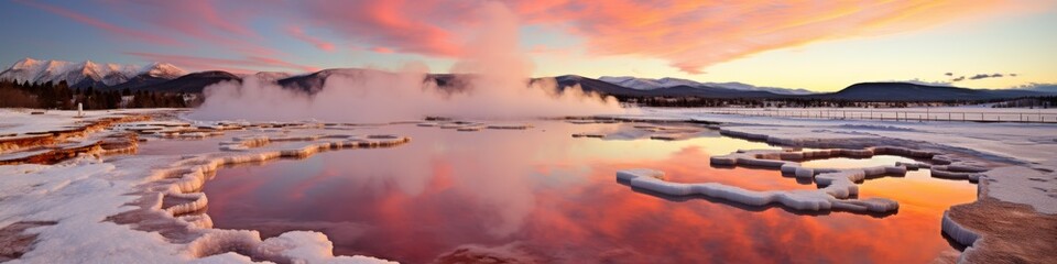 Thermal Pools in Winter with Steam and Sunset - obrazy, fototapety, plakaty