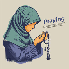 Hand drawn vintage of beautiful woman praying in ramadan