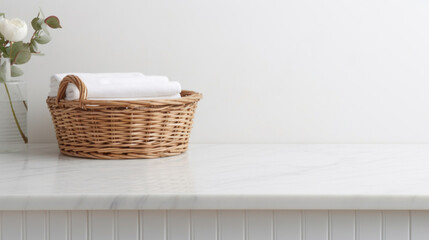 A wicker basket filled with white towels on a marble countertop, evoking a spa-like atmosphere in a home setting.