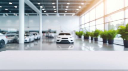 Fototapeta premium A modern car dealership showroom with a selection of vehicles, presented in a blurry background for promotional use.
