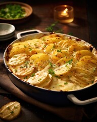 A vivid overhead shot framing a generous portion of golden scalloped potatoes, highlighting the intricate detail of thinly sliced potatoes nestled in a creamy cheese sauce, a true culinary