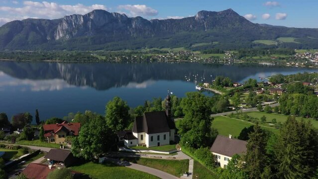 Drone flight over the pilgrimage church Maria Hilf in Mondsee, Mondseeland, Salzkammergut, Upper Austria, Austria, Europe