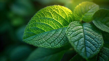 Close-up of green leaves with blur forest background and dramatic sunlight.