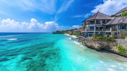 Luxurious panoramic scene featuring an exotic resort with villas on a stunning beach, set against the backdrop of a turquoise seascape - obrazy, fototapety, plakaty
