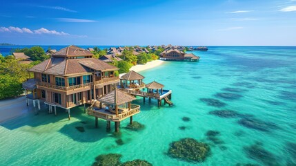 Luxurious panoramic view from an exotic resort against a backdrop of turquoise seascape. Villas adorn a beautiful beach nestled along the ocean - obrazy, fototapety, plakaty