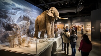 Marvel at the lifelike depiction of a 3D-rendered ice age landscape, featuring woolly mammoths, saber-toothed cats, and other extinct megafauna. - obrazy, fototapety, plakaty