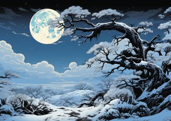 Wintry Night Landscape with Full Moon and Icy Trees