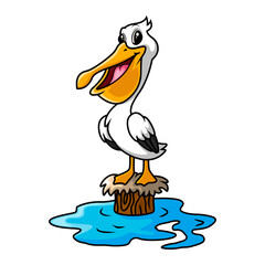 Pelican cartoon a stand on the wood - 715198504