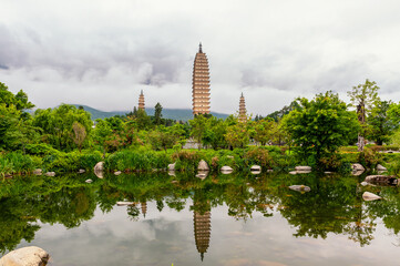 View of three pagodas of Chongsheng Temple, Dali City, Yunnan province, China.