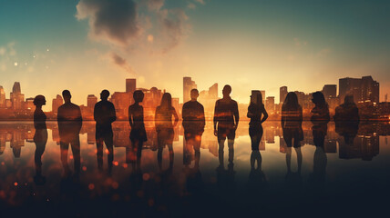 Fototapeta premium Silhouettes of group of businessman in city