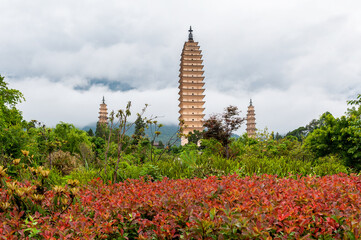 View of three pagodas of Chongsheng Temple, Dali City, Yunnan province, China.