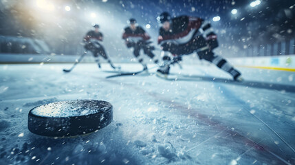 Intense ice hockey game action captured with the puck in motion on the rink, AI Generative