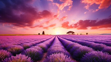 Lavender fields with blue sky at sunrise