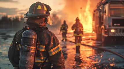 Firefighter in action at dusk is AI Generative.