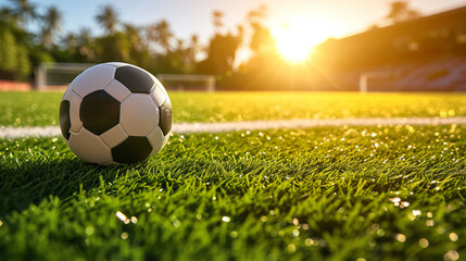 Soccer ball on a sunny field is AI Generative.