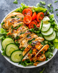 Grilled chicken salad on a white plate surrounded by celery leaves on a dark cement table
