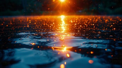 Reflection of sunset light on the water surface. The splash of sparkling water is very dramatic. Abstract background.
