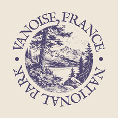Vanoise, France Illustration Clip Art Design Shape. National Park Vintage Icon Vector Stamp.