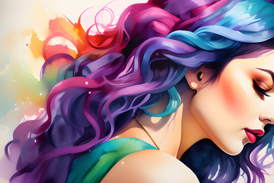 Gorgeous Feast of Shining Fashion: A Profile Illustration of a Watercolor Fashion Girl with Beautiful Color Rainbow Hair generative ai