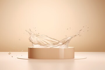 beige pedestal podium with liquid splash crown for  Skin care, cosmetic product presentation, product display mockup