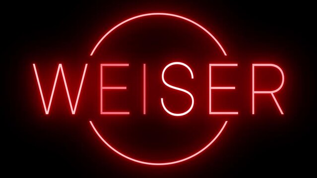 Flickering red retro style neon sign glowing against a black background for WEISER