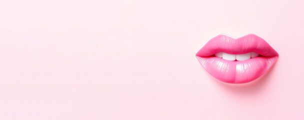 Banner of 3D realistic smiling glossy pink lips on pink. cosmetic, fashion, and romantic designs. Open mouth with teeth, lipstick promotion.