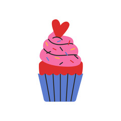 Muffin with red candy in shape of heart. Flat style cupcake. Vector illustration isolated on a white background. Good for stickers, cards design, tags, clipart. Groovy style