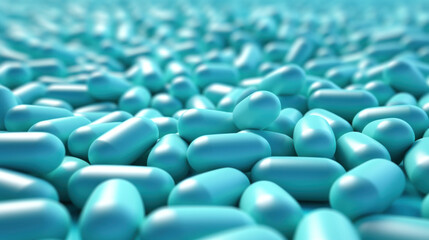 Vivid blue capsules scattered closely, presenting a concept of medication, health, and pharmacology.