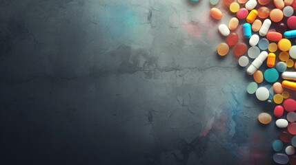 An assortment of colorful pills and capsules on a dark, textured background, depicting medical diversity.