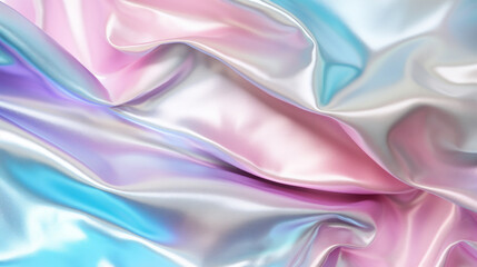Fototapeta premium Shimmering satin fabric in pastel pink and blue tones, draped to create a luxurious and soft texture.