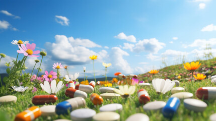 Medication capsules and tablets dispersed among blooming wildflowers in a sunlit field, symbolizing natural remedies. - obrazy, fototapety, plakaty