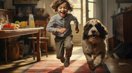 Naklejka premium Happy young boy running with a playful dog inside a home with warm lighting.