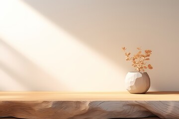 classic minimalist empty natural wood platform stand with dry flower for product mockup display scene on gradient porcelain background