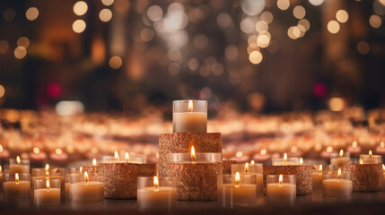 Multiple lit candles placed on granite stands, casting a warm glow amidst soft bokeh lights.