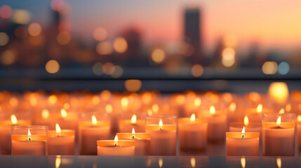 Tealight candles lined up, glowing warmly as dusk settles over a cityscape with blurred background lights.