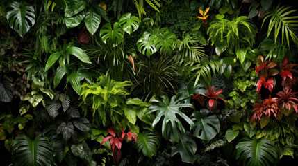 A lush tapestry of tropical plants and leaves in various shades of green, creating a natural backdrop.