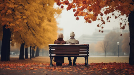 An intimate moment of a senior couple sitting close on a park bench, surrounded by the beauty of autumn.