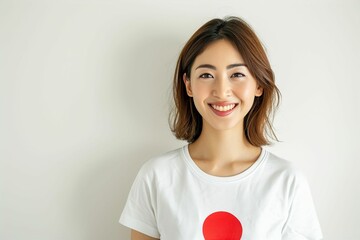 日本の国旗の洋服を着て日本を応援する笑顔の日本人女性ポートレート（白背景・オリンピック・日本代表・ワールドカップ・世界大会・スポーツ・ファン） - obrazy, fototapety, plakaty