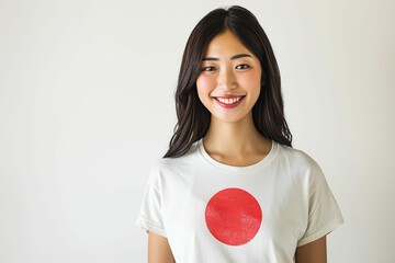 日本の国旗の洋服を着て日本を応援する笑顔の日本人女性ポートレート（白背景・オリンピック・日本代表・ワールドカップ・世界大会・スポーツ・ファン） - obrazy, fototapety, plakaty